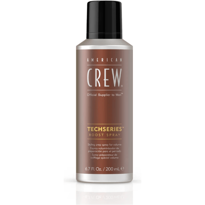 American Crew Techseries Boost Spray 200ml hair spray in a sleek bottle, designed to add volume and hold to styled hair.