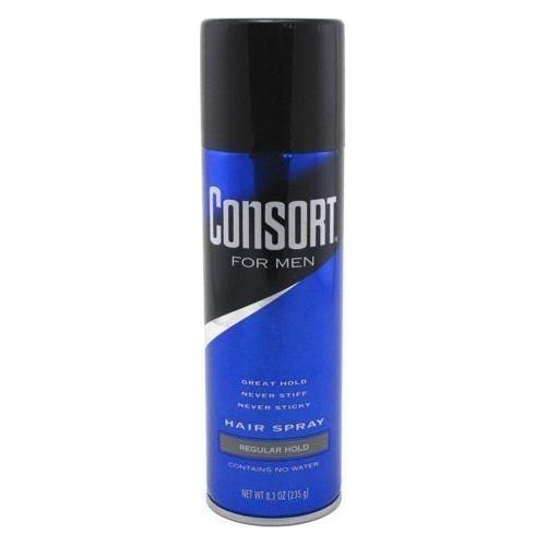 Consort Hair Spray Aerosol with regular hold in 8.3 oz can by Pasteur Pharmacy, shown in a spray bottle.