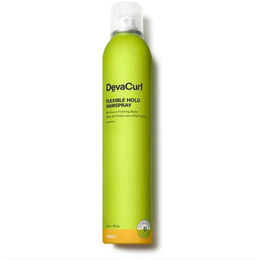 DevaCurl Flexible Hold HairSpray Finish in a 10 oz bottle, provides flexible hold for styled hair.