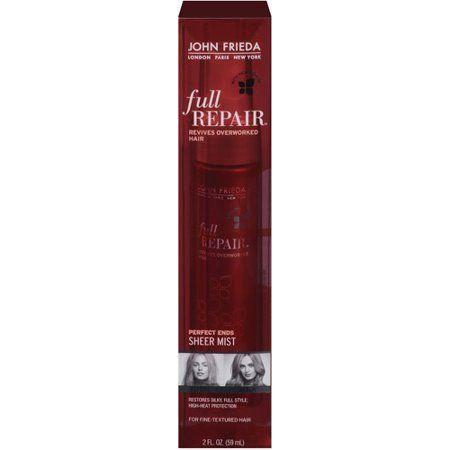 John Frieda Full Repair Perfect Ends Sheer Mist hair spray in a 2 oz bottle, designed to smooth and strengthen damaged hair.