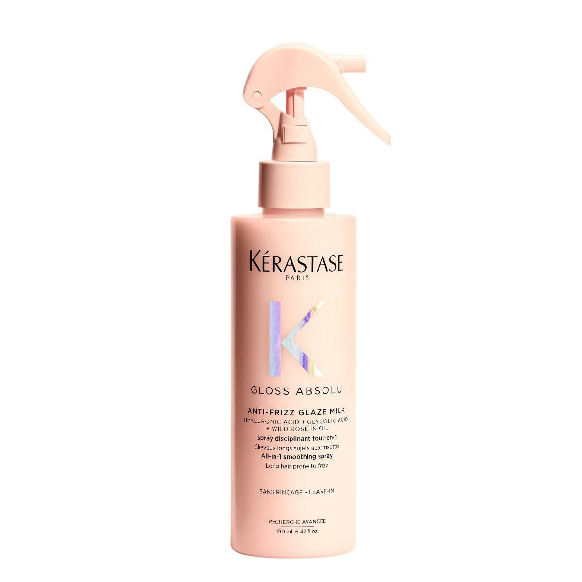 Kerastase Gloss Absolu Anti-Frizz Glaze Milk hair spray by Pasteur Pharmacy, 6.42 oz bottle with a sleek design and cap.