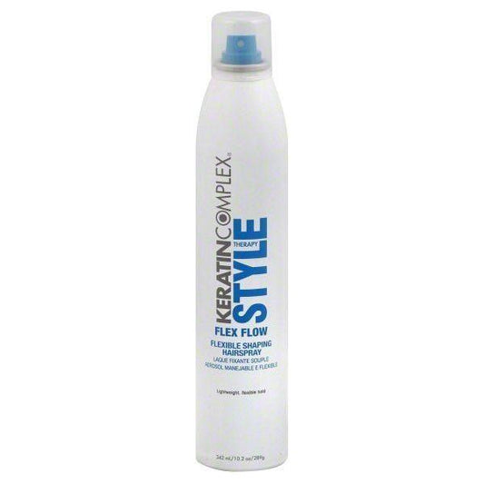 Keratin Complex Style Therapy Flex Flow Finish Hair Spray by Pasteur Pharmacy, 10.2 oz, with a spray nozzle and clear label.