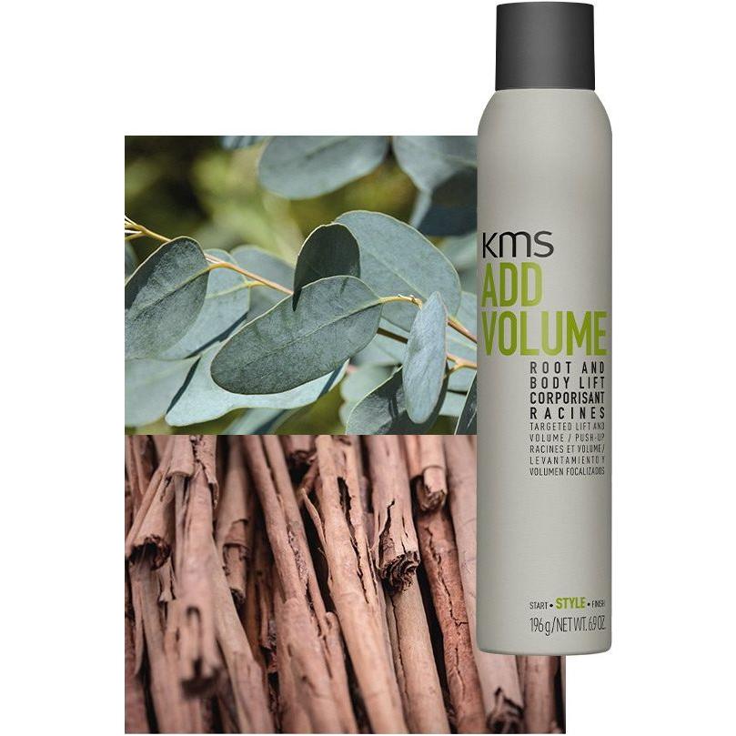 KMS AddVolume Root and Body Lift Hair Spray in 6.7 oz bottle, natural hair styling with lightweight hold and volume.