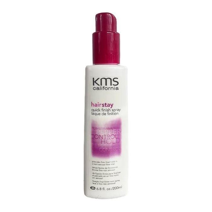 KMS Hair Stay Quick Finish Spray 6.8 oz in a spray bottle, designed to hold hair in place with a quick-drying formula