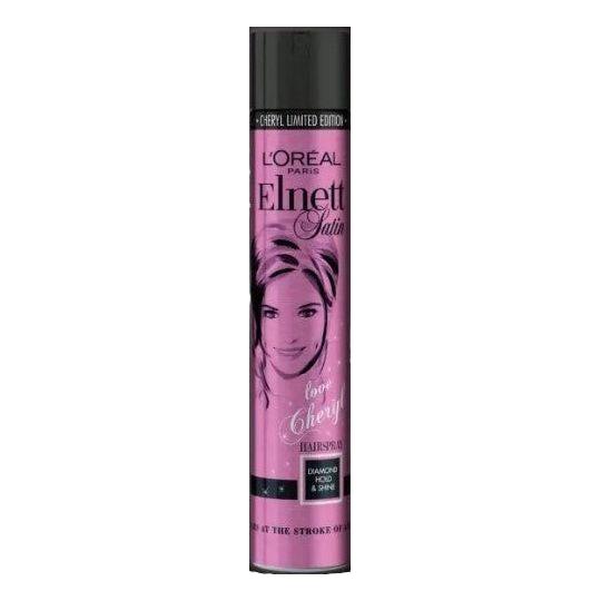L'Oreal Elnett Satin Cheryl limited edition diamond hold and shine hair spray in 400ml bottle with gold accents and floral design