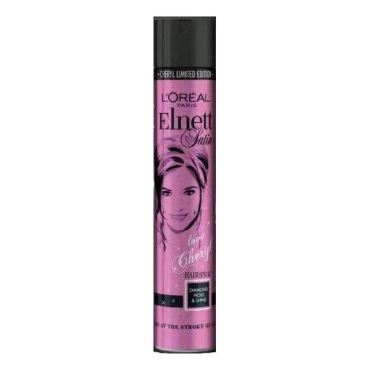 L'Oreal Elnett Satin Cheryl limited edition diamond hold and shine hair spray in 400ml bottle with gold accents and floral design