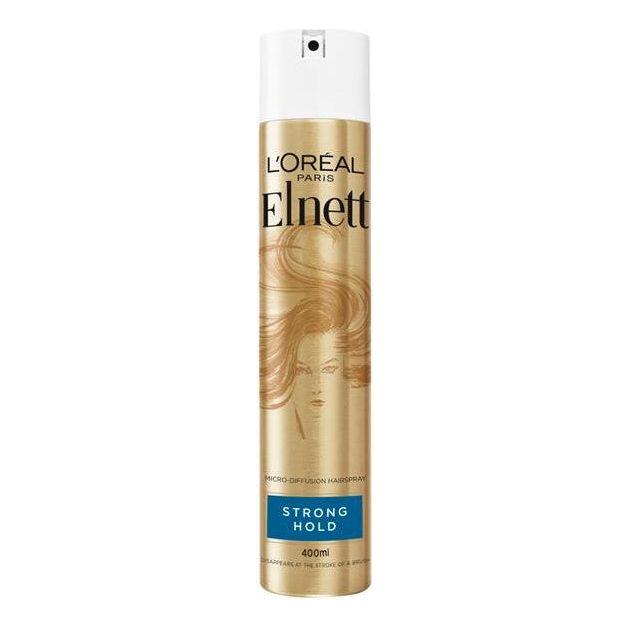 L'Oreal Elnett Strong Hold Hairspray 400ml bottle with aerosol spray for long-lasting hairstyle hold