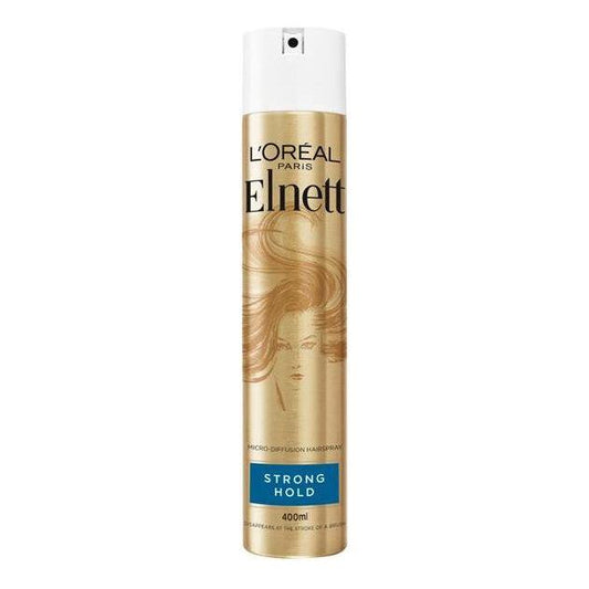 L'Oreal Elnett Strong Hold Hairspray 400ml bottle with aerosol spray for long-lasting hairstyle hold