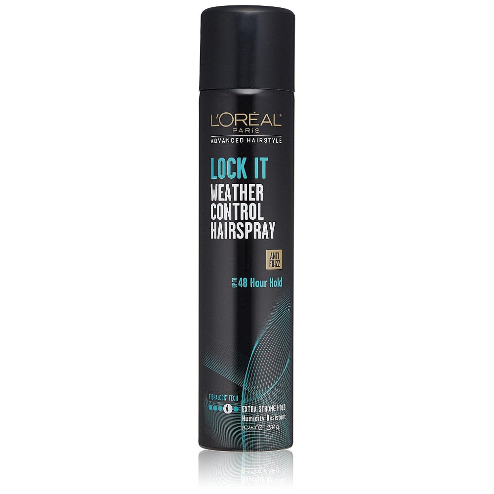 L'Oreal Paris Advanced Hairstyle Lock It Weather Control Hair Spray 8.25 oz, in a spray bottle with a black cap.