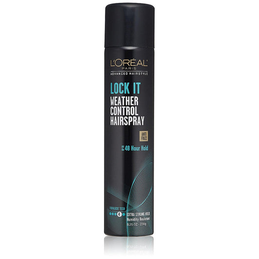 L'Oreal Paris Advanced Hairstyle Lock It Weather Control Hair Spray 8.25 oz, in a spray bottle with a black cap.