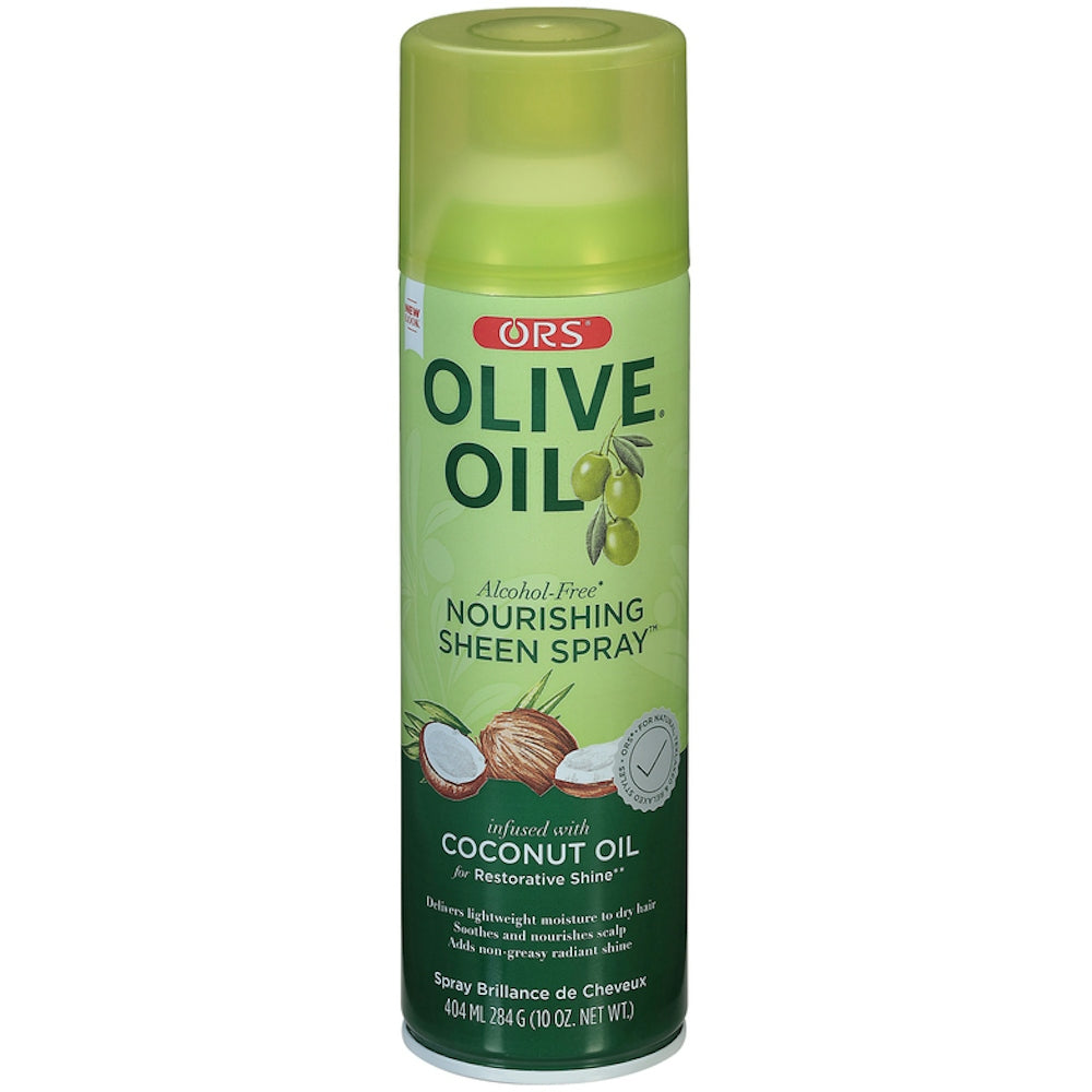 ORS Organic Root Stimulator Nourishing Olive Oil Sheen Spray 10 oz hair spray with a spray nozzle and clear bottle displaying product label