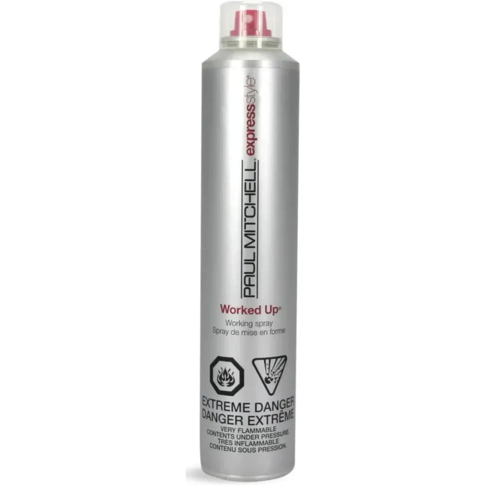 Paul Mitchell Worked Up hair spray in 3.6 oz bottle, providing flexible hold and control for styled hair.