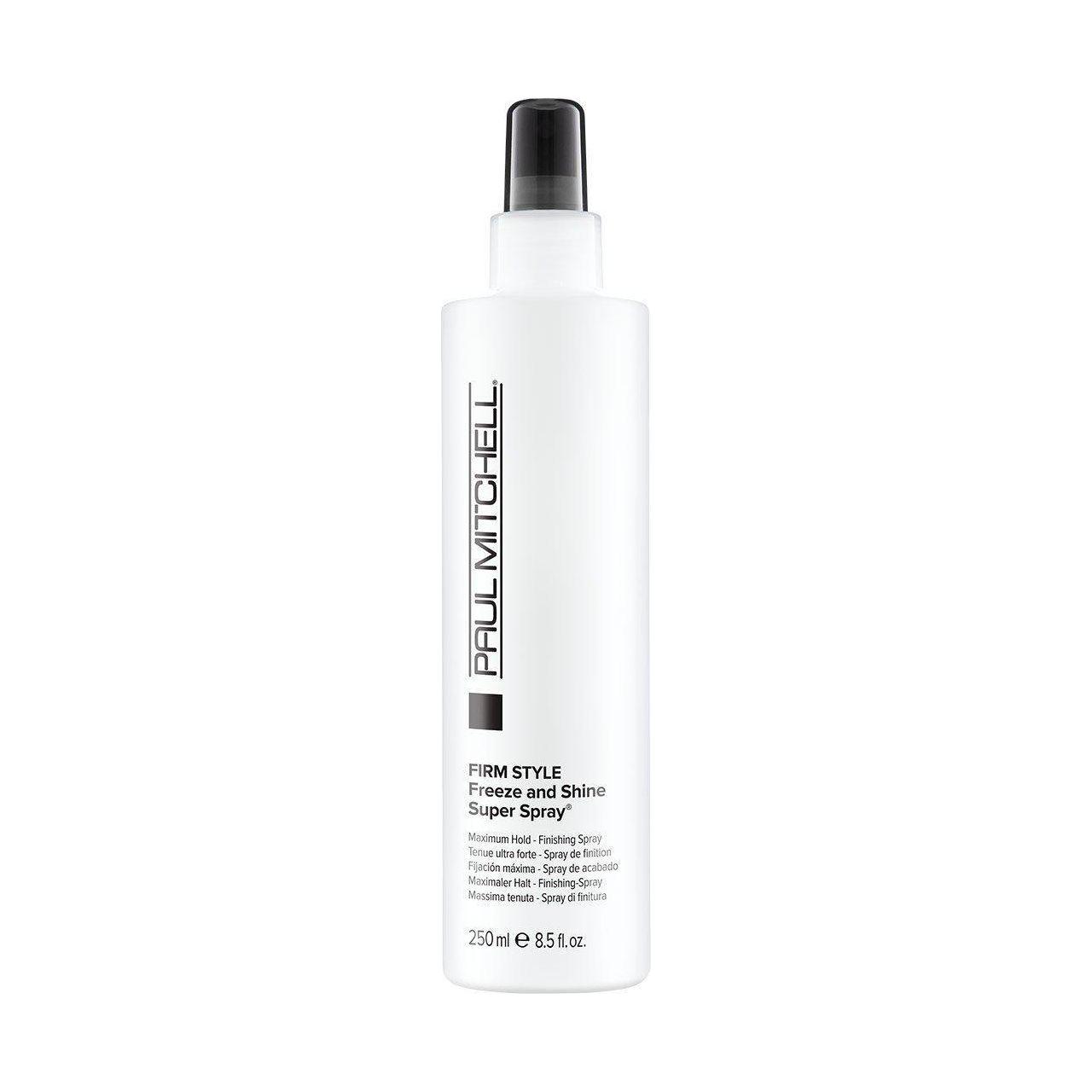 Paul Mitchell Freeze & Shine Super Spray hair spray in 16.9 oz bottle, providing strong hold and shine for styled hair.