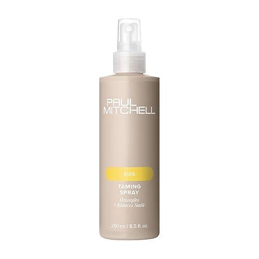 Paul Mitchell Kids Taming Spray 250ml hair spray in a blue bottle, designed to manage children's hair with a lightweight formula.