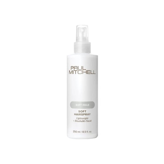 Paul Mitchell Soft Hold Hair Spray 8.5oz bottle with a sleek design, showcasing the product ready for styling and hold.