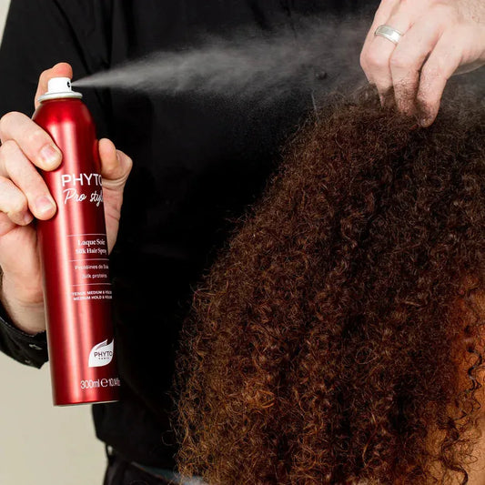 Phyto Pro Style Laque Soie Silk Hair Spray 300ml by Pasteur Pharmacy, with a sleek spray bottle and silk-infused formula.