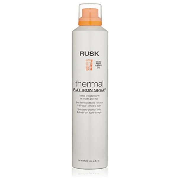 Rusk Styling Thermal Flat Iron Spray in 8.8 fl oz spray bottle, designed to protect hair from heat styling damage