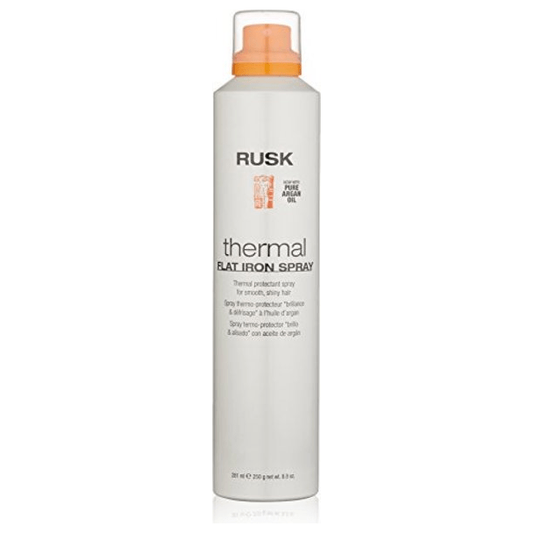 Rusk Styling Thermal Flat Iron Spray in 8.8 fl oz spray bottle, designed to protect hair from heat styling damage