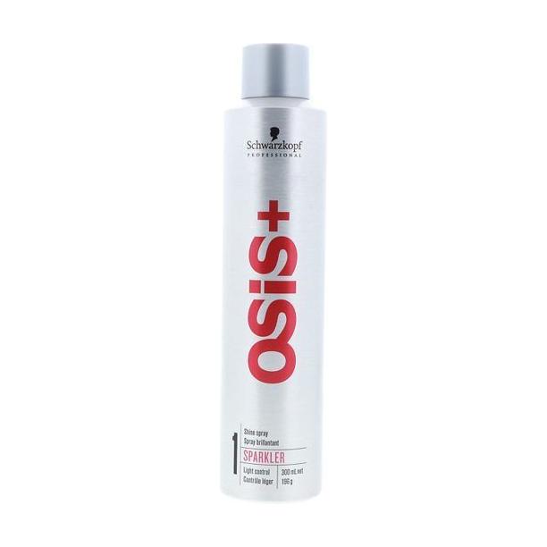 Schwarzkopf Osis+ Sparkler Shine Spray 7oz hair spray with shiny finish, shown in a clear spray bottle for glossy hair.