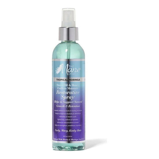 The Mane Choice Tropical Moringa Daily Restorative Hair Spray in an 8 oz bottle, features a natural hair care product from Pasteur Pharmacy.