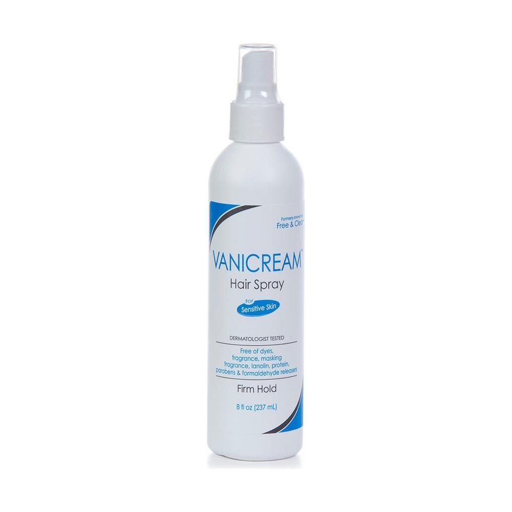Vanicream Free & Clear Firm Hold Hair Spray 8 oz in a spray bottle, designed for strong hair hold and gentle on the scalp.