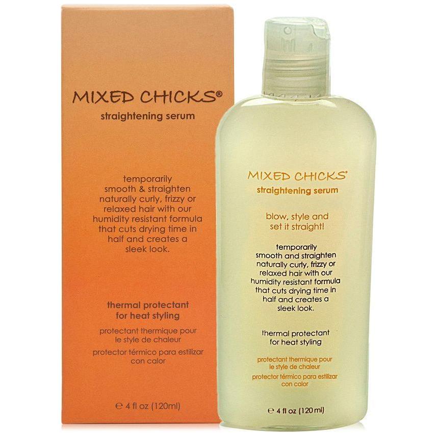 Mixed Chicks Hair Straightening Serum in a 4 fl oz bottle, smooths and straightens hair, featuring a clear serum with a pump dispenser.