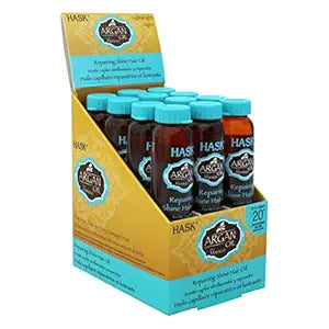 Hask Argan Oil Repairing Shine Hair Oil bottles, 12-pack, 0.62 oz each, for nourishing and styling hair with a shiny finish
