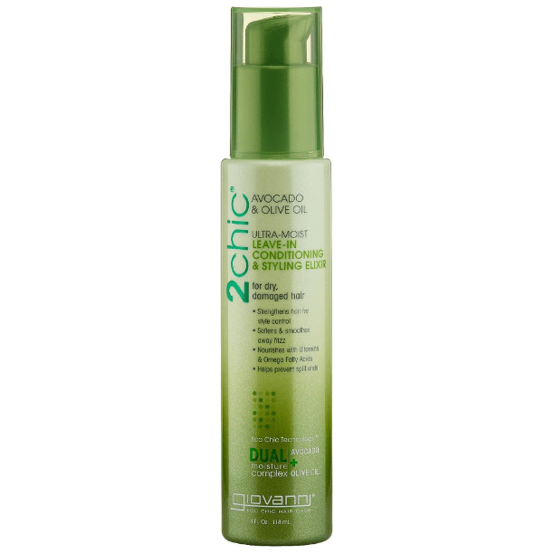 Giovanni Leave-In Conditioning & Styling Elixir in 4oz bottle, a hair styling elixir for nourishing and managing hair.