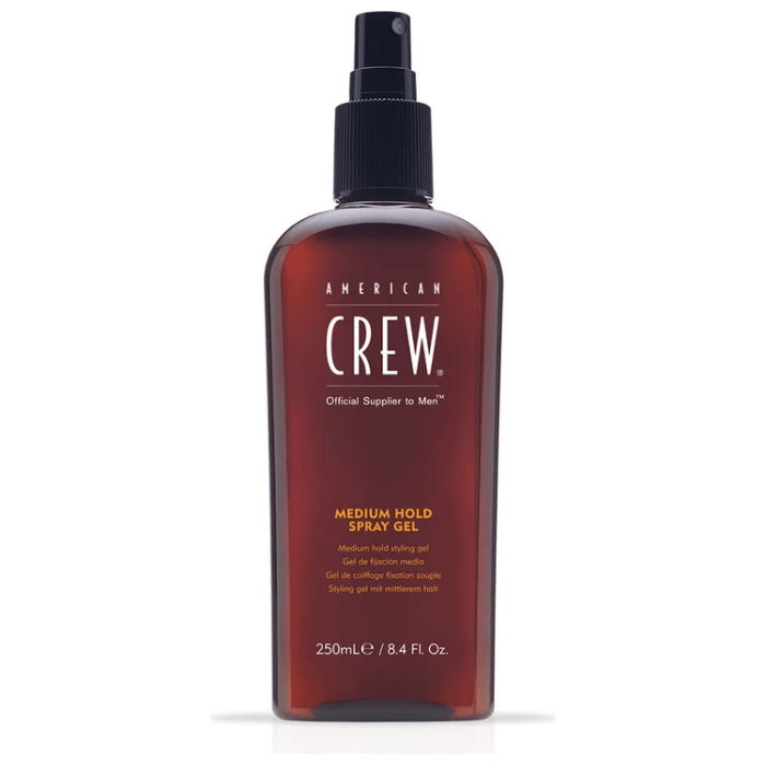 American Crew Spray Gel with medium hold, 8.45 fl oz, in a clear bottle, designed for flexible hair styling and control