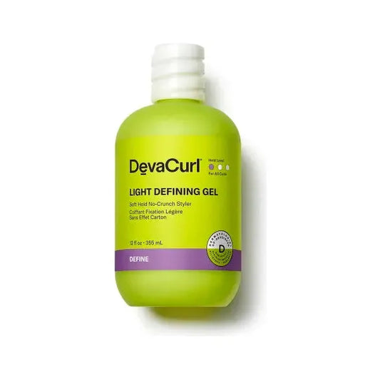 DevaCurl Light Defining Gel soft hold non-crunchy hair styling gel in 12oz bottle, smooth and define curls without crunchiness.