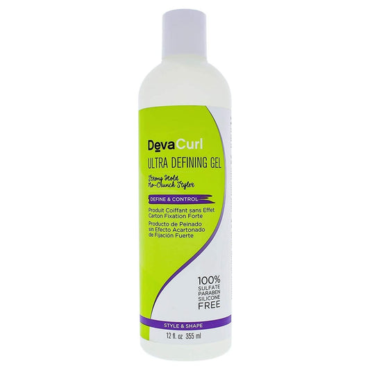 DevaCurl Ultra Defining Gel strong hold hair styling gel in 12 oz bottle, for shaping and defining curly hair.