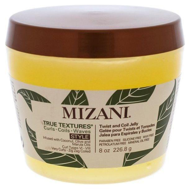 Mizani True Textures Twist and Coil Jelly 8 oz hair styling gel in a jar, designed for defining twists and coils in textured hair