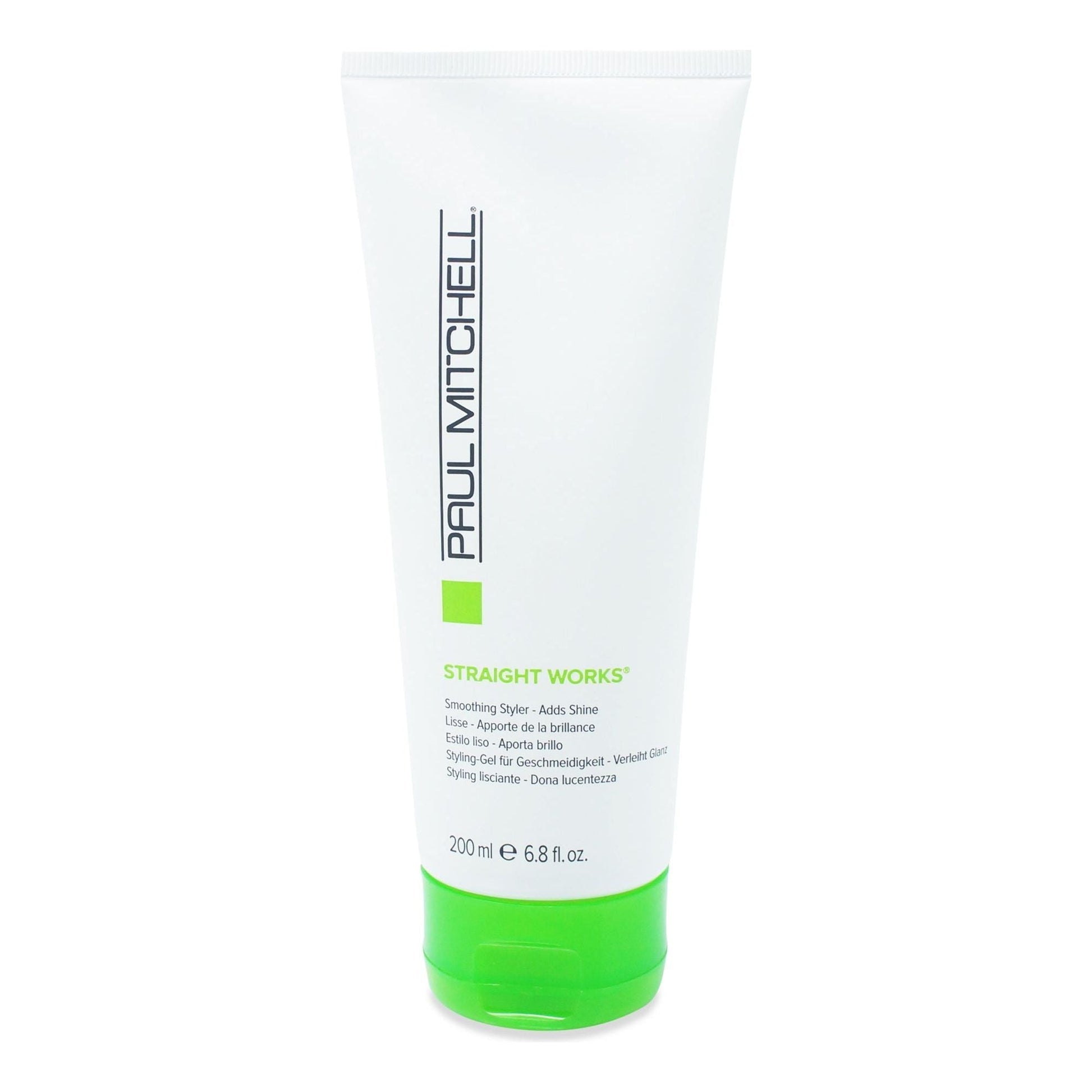 Paul Mitchell Straight Works hair styling gel in 200ml tube, shown with the brand and product packaging.