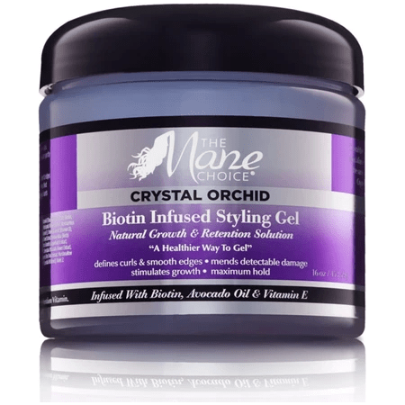 The Mane Choice Crystal Orchid Biotin Infused Styling Gel in a 16oz jar, showing the clear gel texture and packaging.