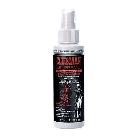 Clubman Supreme Non-Aerosol Hair Styling & Grooming Spray by Pasteur Pharmacy, 8 oz bottle with spray nozzle for grooming.