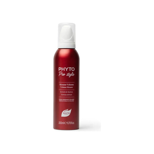 Bottle of Pasteur Pharmacy Phyto Pro Style Mousse Volume 200ml for hair styling with a pump dispenser and foam texture.