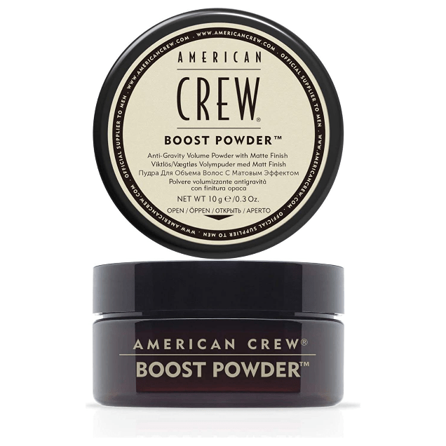 American Crew Classic Boost Powder hair styling powder in 0.3 oz container, for adding volume and texture to hair.