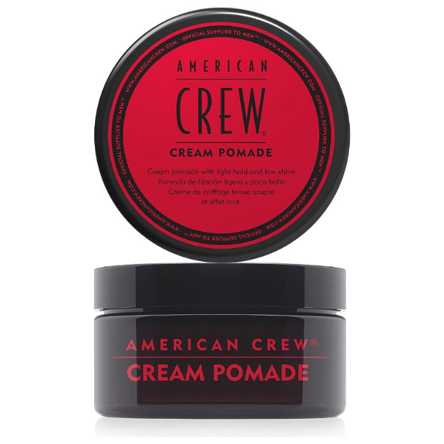 American Crew Cream Pomade 3 oz in a jar, used for hair styling to add shine and hold, displayed with product label visible.