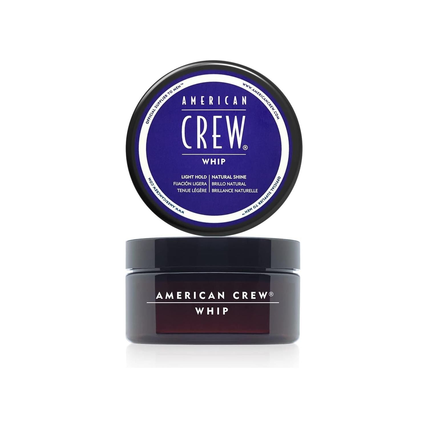 American Crew Light Hold Whip hair styling product in 3 oz jar, showcasing the creamy texture and branding on the container.