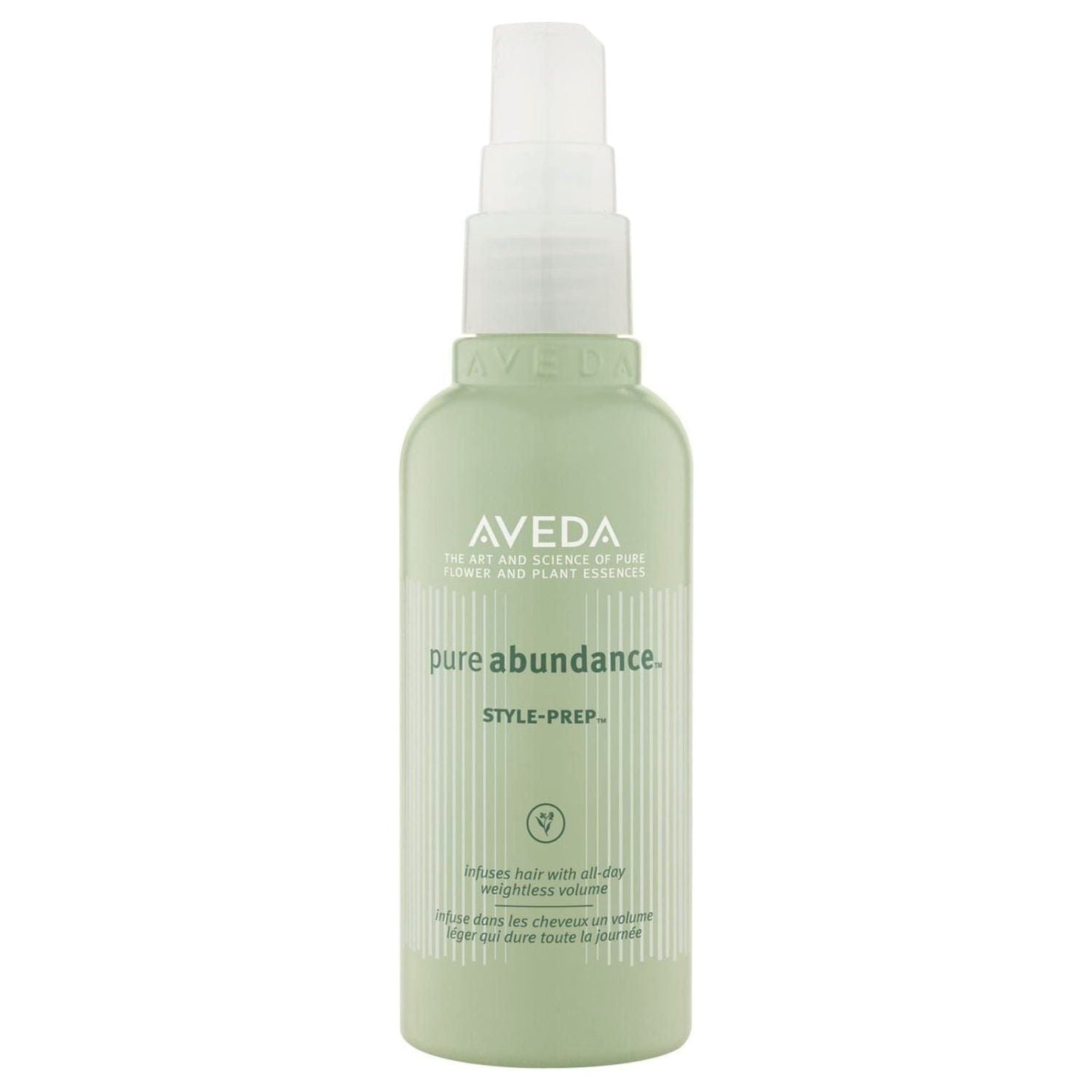 Aveda Pure Abundance Style Prep hair styling product in a 3.4 oz bottle, shown with the label and nozzle visible.