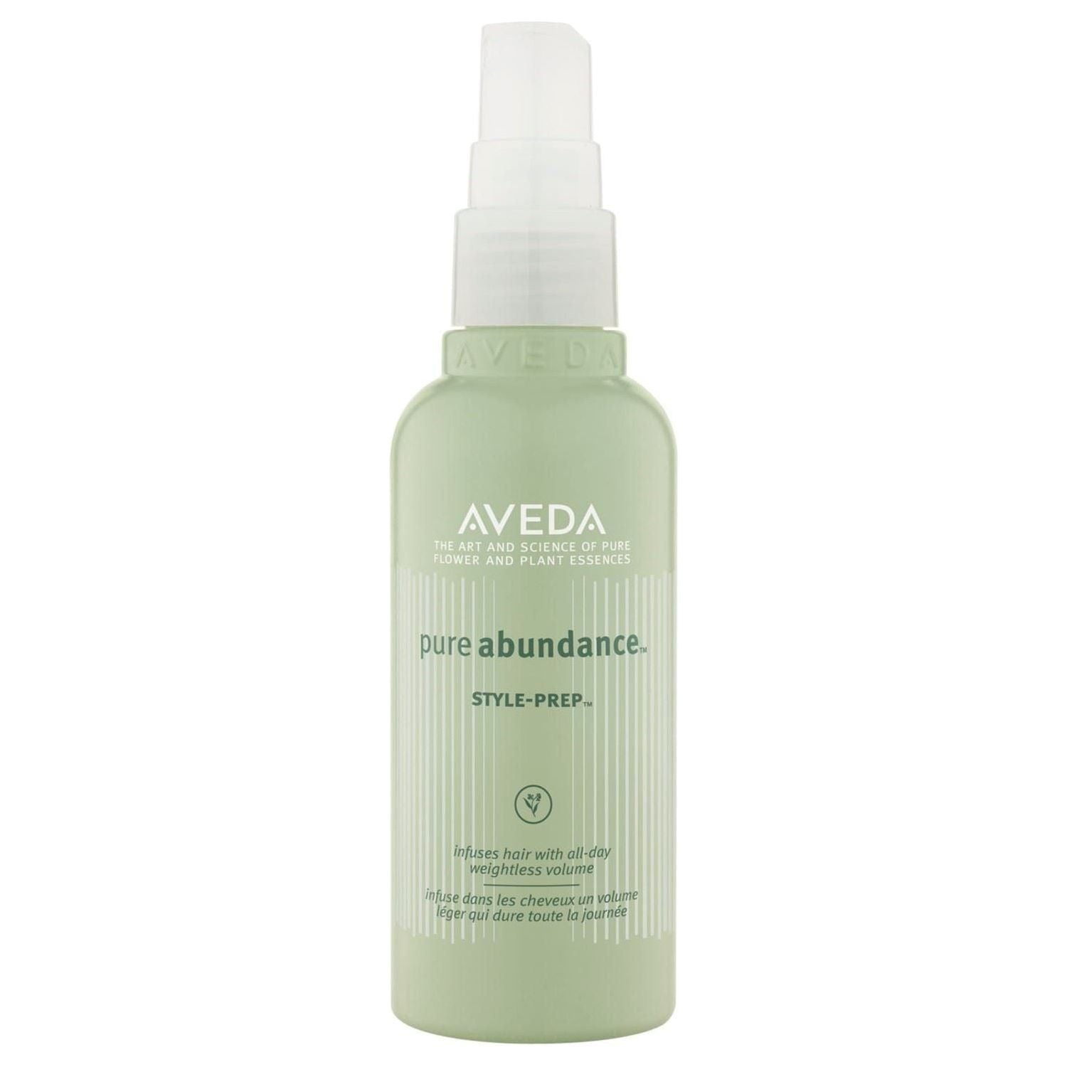 Aveda Pure Abundance Style Prep hair styling product in a 3.4 oz bottle, shown with the label and nozzle visible.