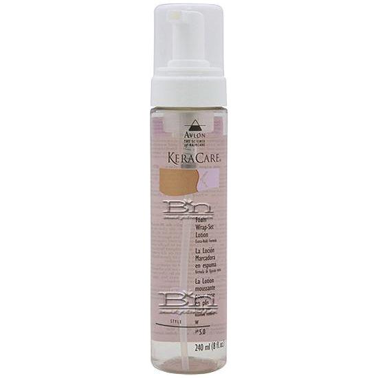Avlon KeraCare Foam WrapSet Lotion extra hold formula in 8 oz bottle, ideal for styling and setting hair with a foaming lotion.