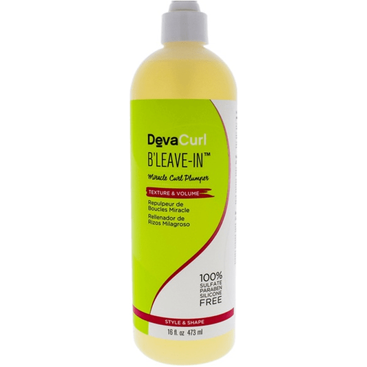 DevaCurl B'leave-in Miracle Curl Plumper boost volumizer for curly hair in a 16 oz bottle, enhancing curl definition and volume.