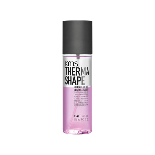 KMS ThermaShape Quick Blow Dry styling product in 6.7 oz bottle, used for fast hair drying and styling.