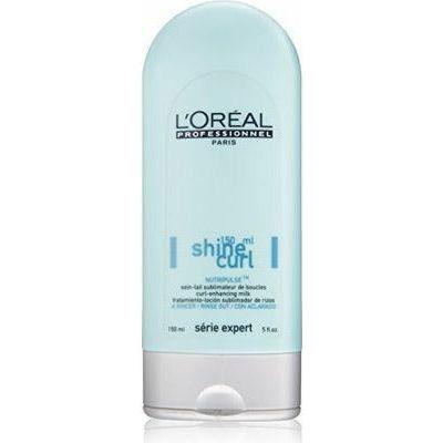 L'Oreal Shine Curl Enhancing Milk 5 oz bottle, hair styling product with smooth, shiny curls, shown in a clear bottle with a pump dispenser.