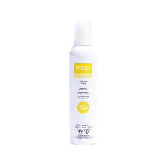 MOP Lemongrass Volume Whip hair styling product in 227g jar, shown with fresh lemongrass and styling tools.