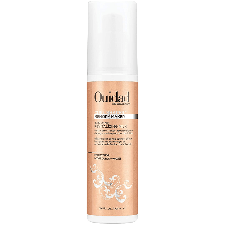 Ouidad Curl Shaper Memory Maker 3-in-one revitalizing milk for curly hair, 3.4 oz, in a white pump bottle