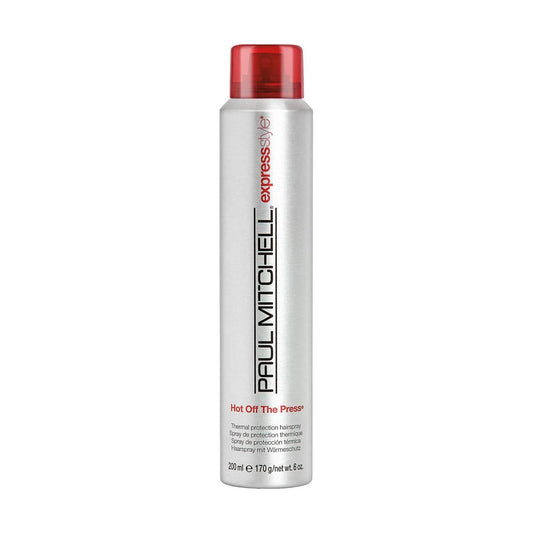 Paul Mitchell Flexible Style Hot Off The Press 6 oz hair styling spray bottle with spray nozzle and product label visible.