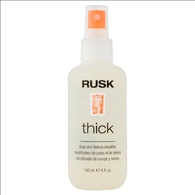 Rusk Thick Body & Texture Amplifier hair styling product in 6 fl oz bottle, designed to add volume and texture to hair.