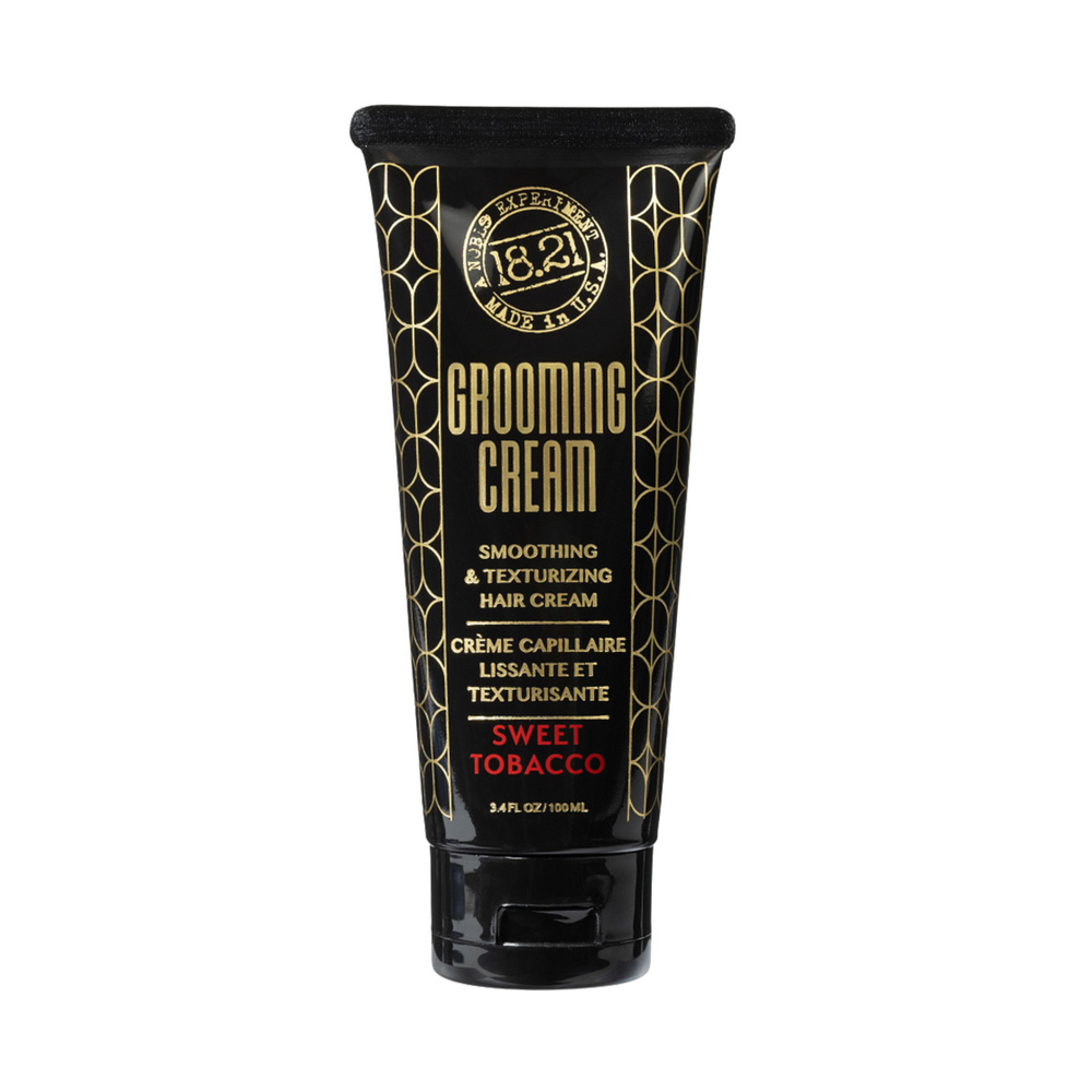 18.21 Sweet Tobacco smoothing and texturizing hair cream by Pasteur Pharmacy, 3.4 oz, in a sleek jar with a twist-off lid.